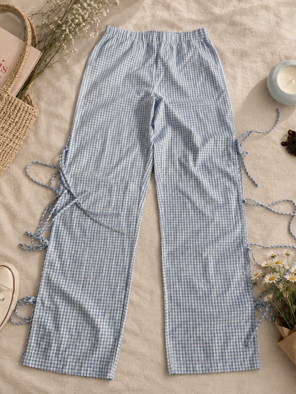 Altar'd State Blue Gingham Wide Leg Pants